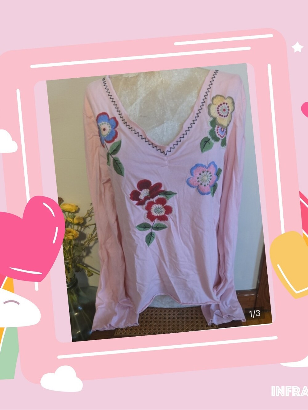 White Stag Pink Long-Sleeve V-Neck Top with Floral Embroidery Size Lg